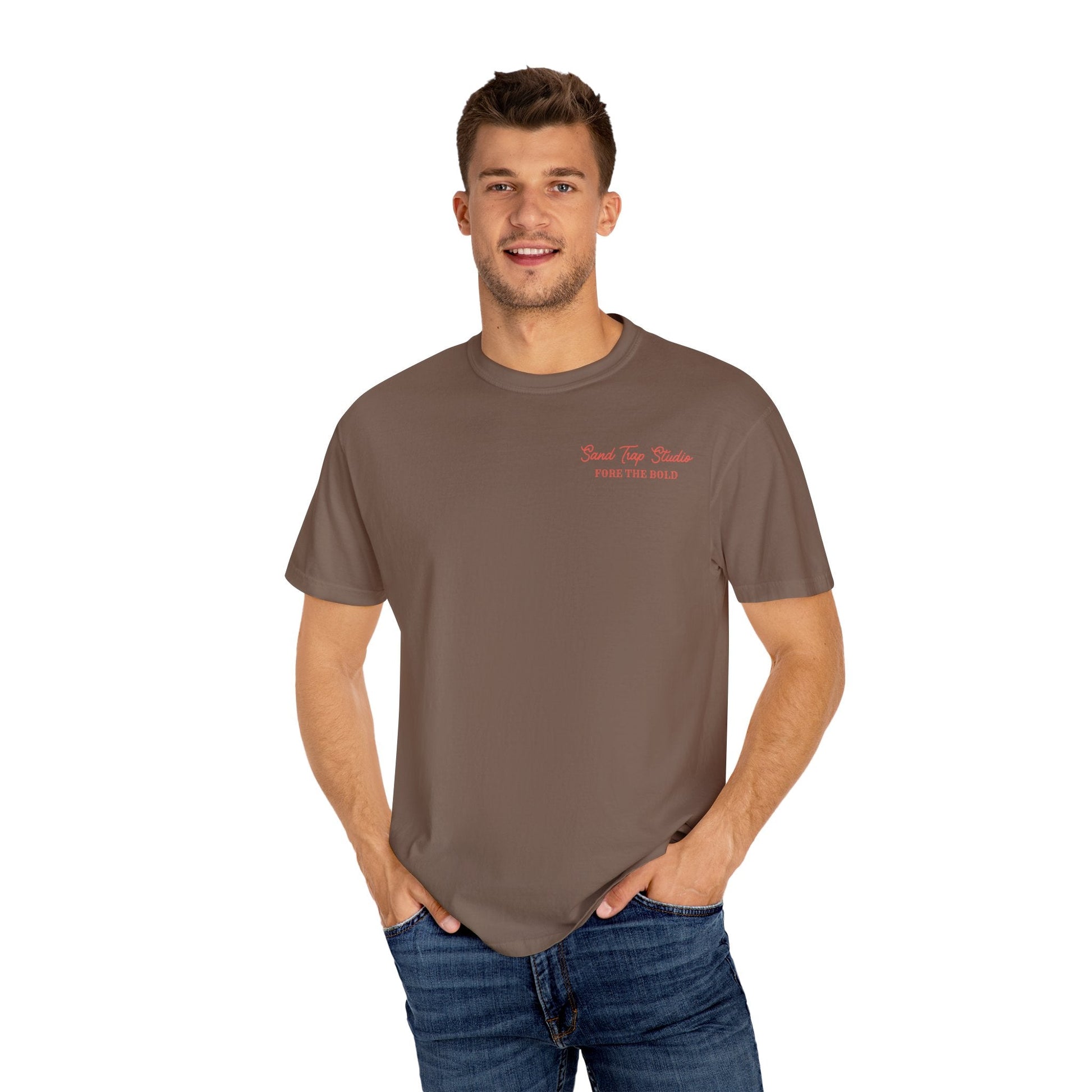 Men’s Golf Graphic T-Shirt | Fortune Favors the Bold Design | Bold Beginnings Collection | Sand Trap Studio” - Sand Trap Studio